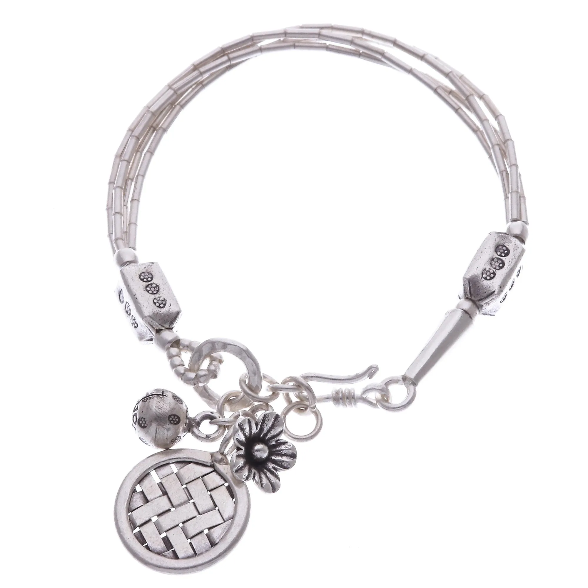 Thai Karen Hill Tribe Silver Beaded Floral Charm Bracelet - Floral Weave | NOVICA