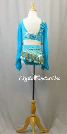 Turquoise Mesh and Lace Long Sleeve Top and Skirt/Trunk with Gold Beads - Swarovski Rhinestones