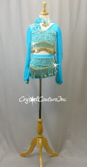 Turquoise Mesh and Lace Long Sleeve Top and Skirt/Trunk with Gold Beads - Swarovski Rhinestones