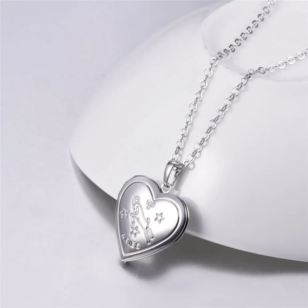 U7 Locket Necklaces 12 Constellations/Zodiac Heart Pendant &amp; Chain Mother's Day Gift Men/Women Jewelry Necklace P1158