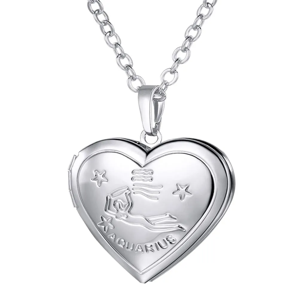 U7 Locket Necklaces 12 Constellations/Zodiac Heart Pendant &amp; Chain Mother's Day Gift Men/Women Jewelry Necklace P1158