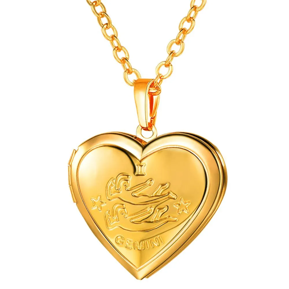 U7 Locket Necklaces 12 Constellations/Zodiac Heart Pendant &amp; Chain Mother's Day Gift Men/Women Jewelry Necklace P1158