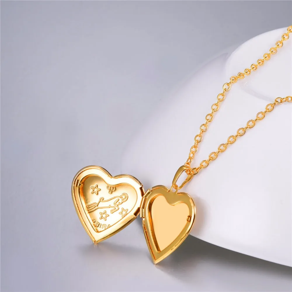 U7 Locket Necklaces 12 Constellations/Zodiac Heart Pendant &amp; Chain Mother's Day Gift Men/Women Jewelry Necklace P1158
