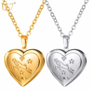 U7 Locket Necklaces 12 Constellations/Zodiac Heart Pendant &amp; Chain Mother's Day Gift Men/Women Jewelry Necklace P1158
