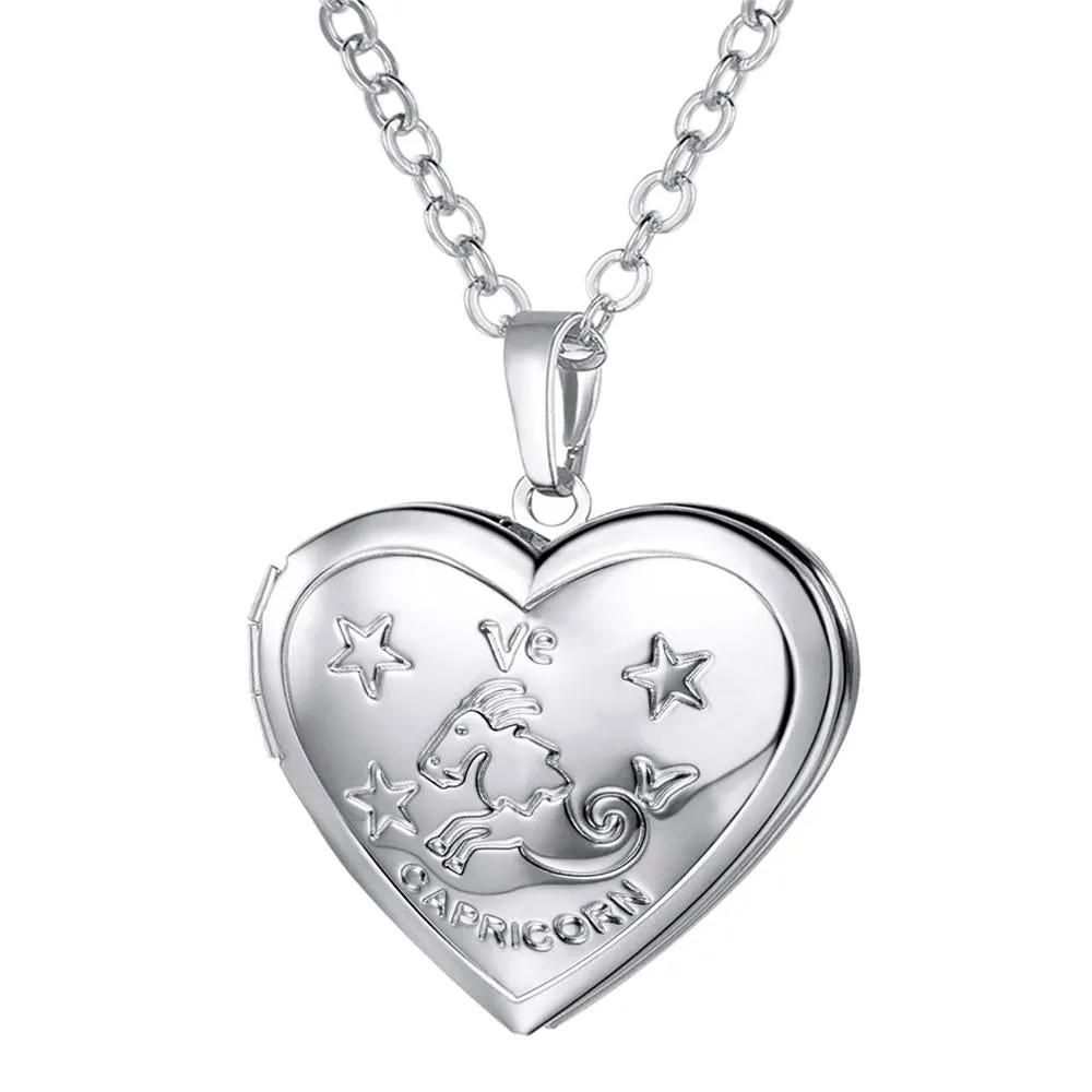 U7 Locket Necklaces 12 Constellations/Zodiac Heart Pendant &amp; Chain Mother's Day Gift Men/Women Jewelry Necklace P1158