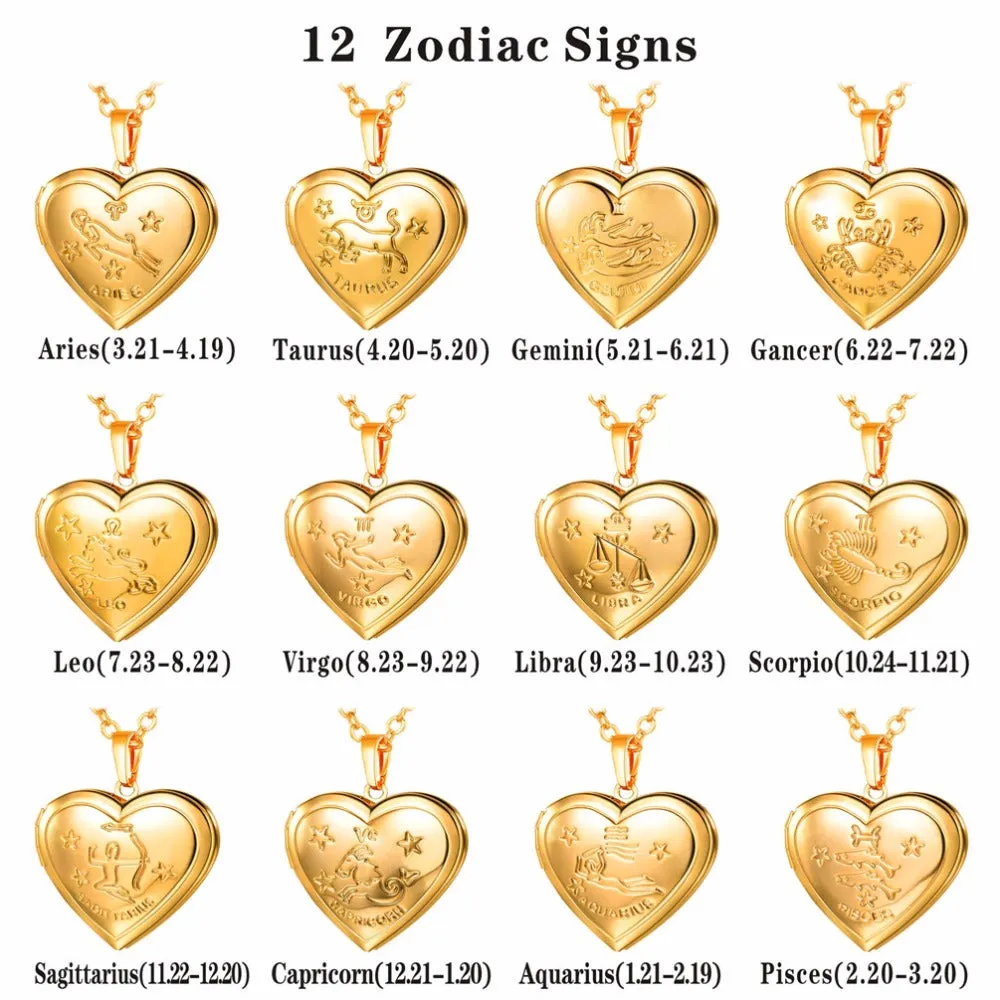 U7 Locket Necklaces 12 Constellations/Zodiac Heart Pendant &amp; Chain Mother's Day Gift Men/Women Jewelry Necklace P1158
