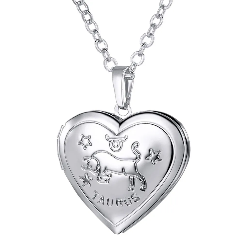 U7 Locket Necklaces 12 Constellations/Zodiac Heart Pendant &amp; Chain Mother's Day Gift Men/Women Jewelry Necklace P1158