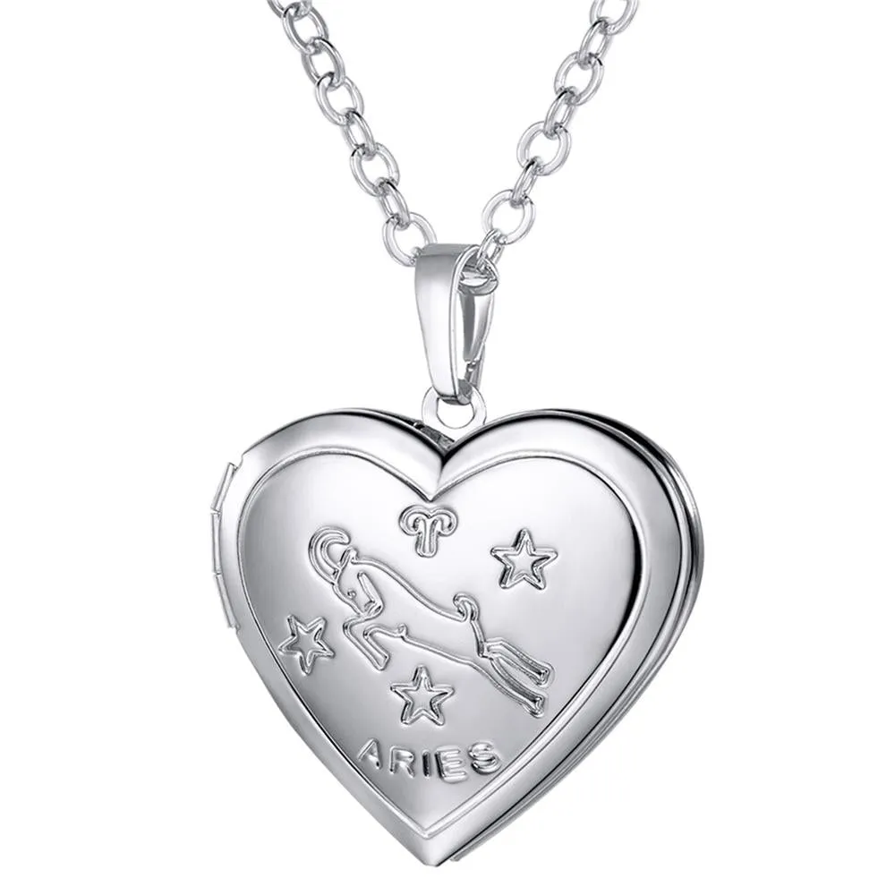 U7 Locket Necklaces 12 Constellations/Zodiac Heart Pendant &amp; Chain Mother's Day Gift Men/Women Jewelry Necklace P1158