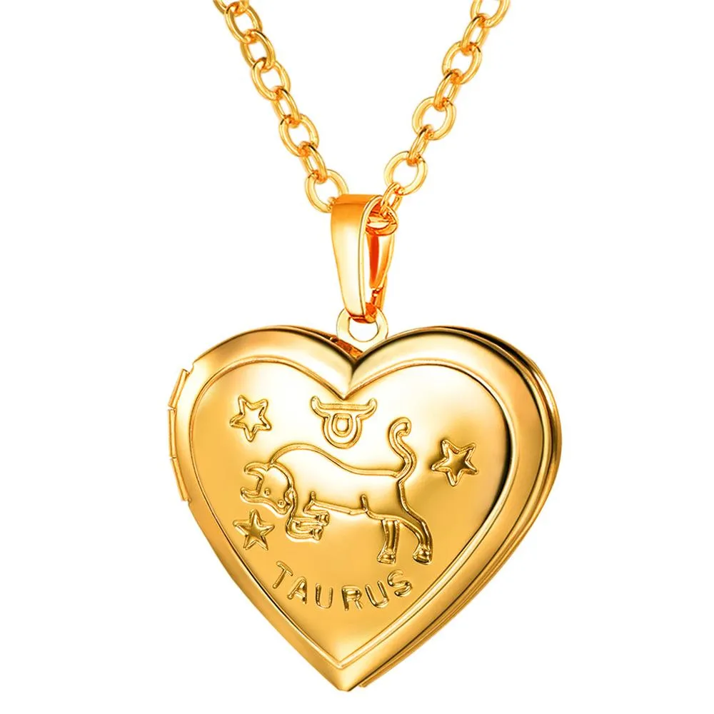 U7 Locket Necklaces 12 Constellations/Zodiac Heart Pendant &amp; Chain Mother's Day Gift Men/Women Jewelry Necklace P1158