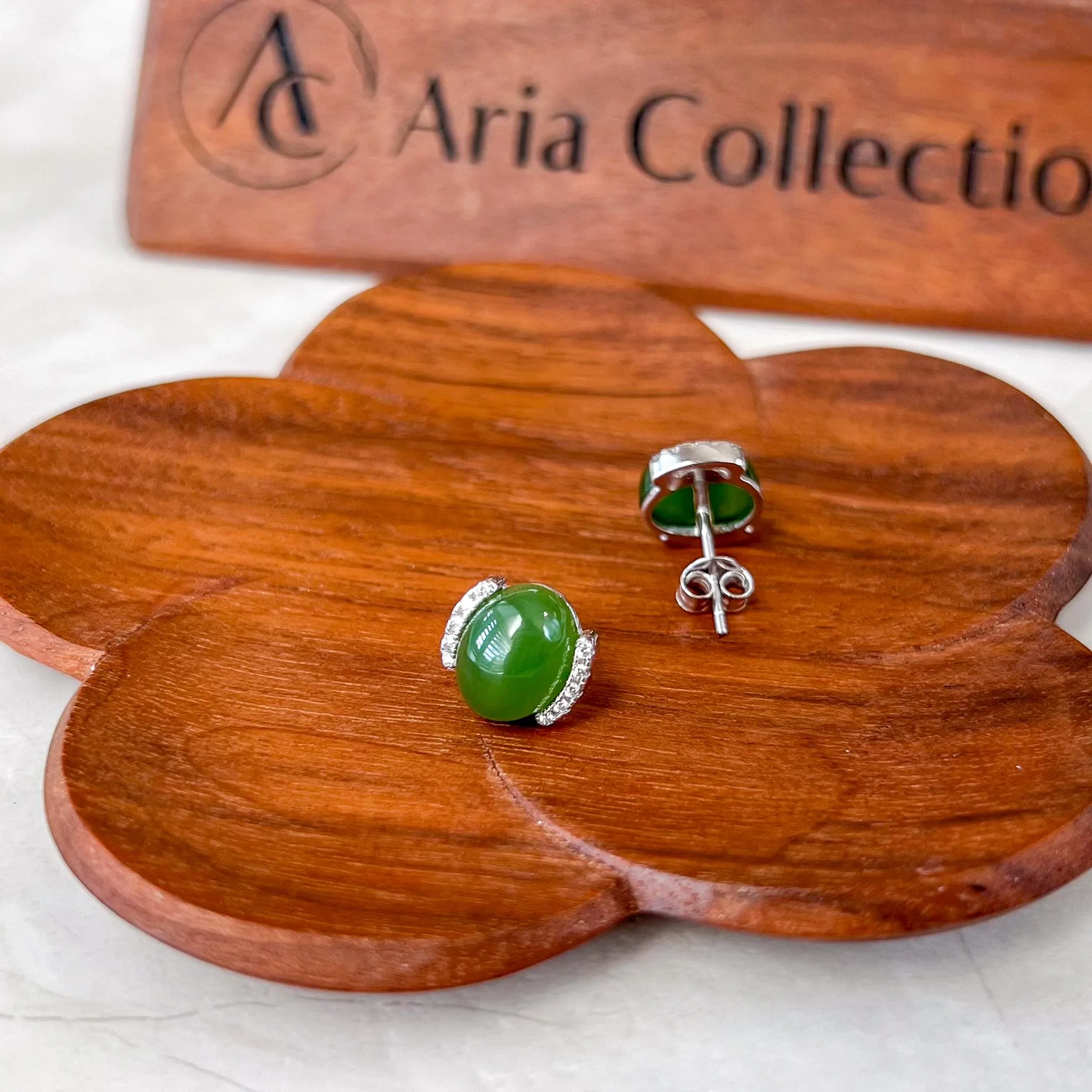 Verdant Embrace Jade Earring Studs, Green Nephrite Jade Sterling Silver Earrings, JSY-0424-12112