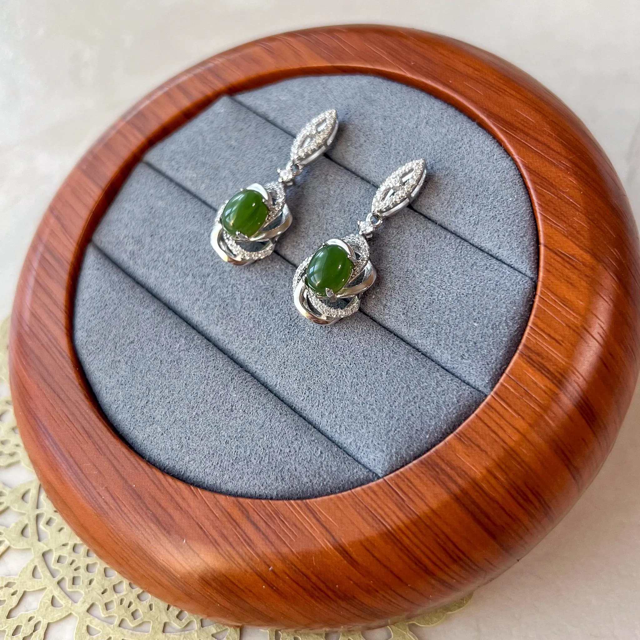 Verdant Whirl Jade Earring Studs, Green Nephrite Jade Sterling Silver Earrings, JSY-0424-12131