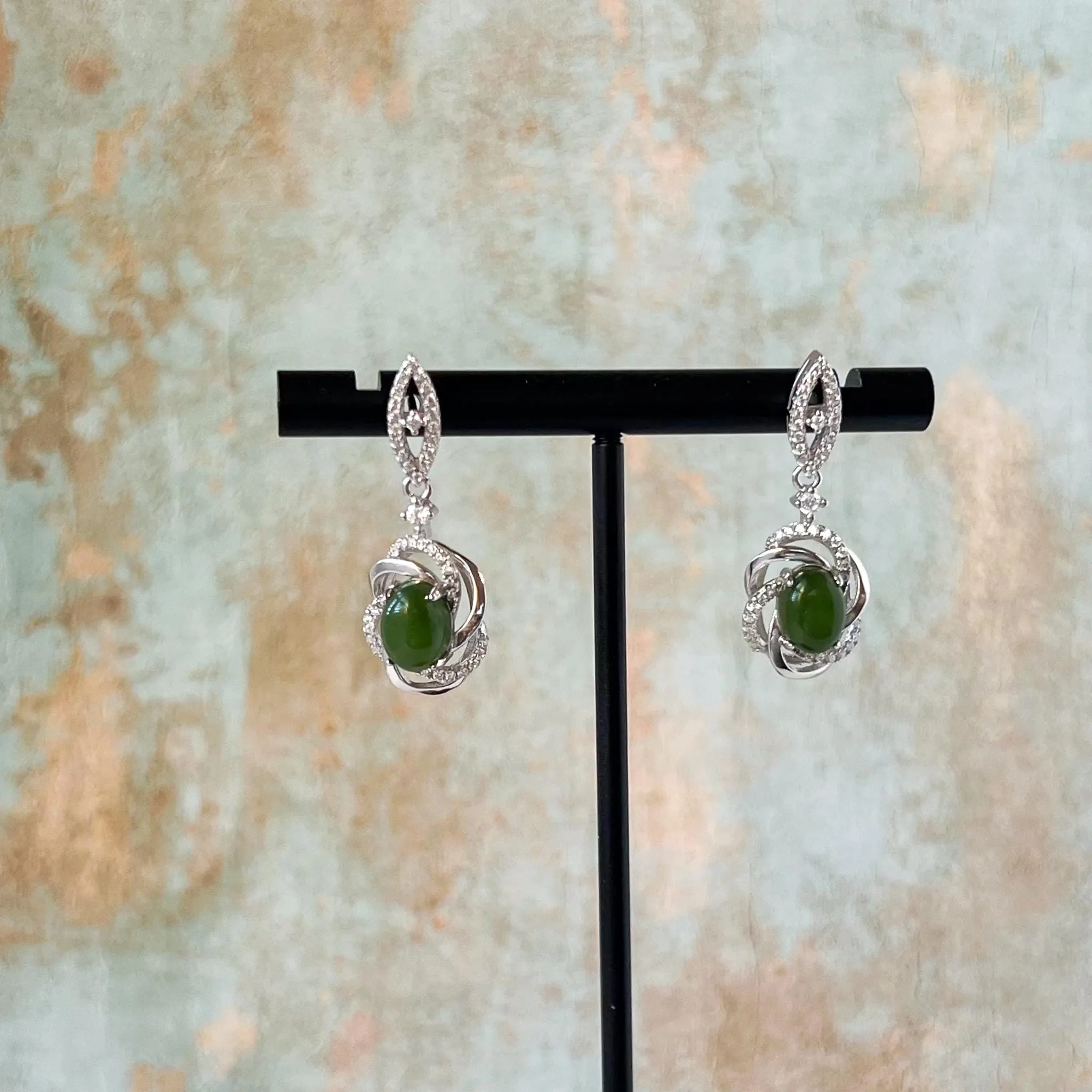 Verdant Whirl Jade Earring Studs, Green Nephrite Jade Sterling Silver Earrings, JSY-0424-12131