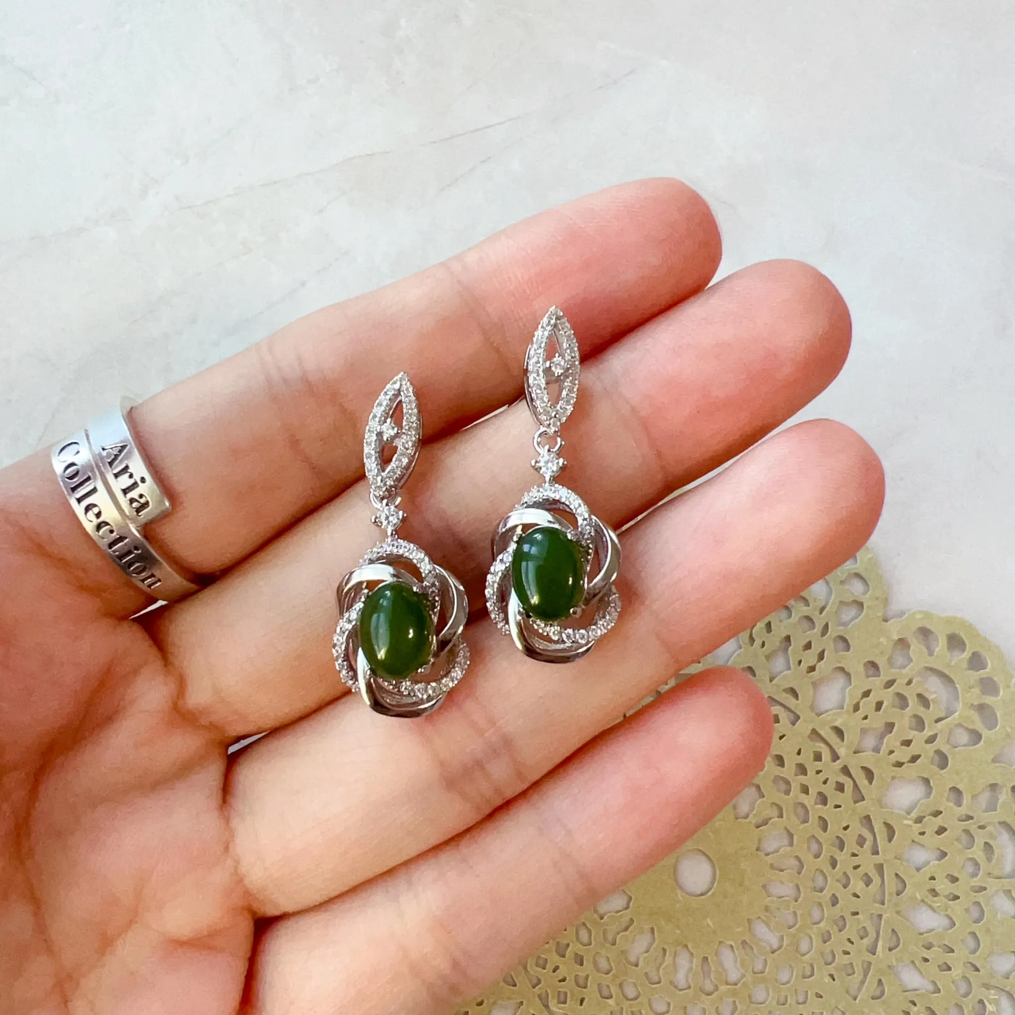 Verdant Whirl Jade Earring Studs, Green Nephrite Jade Sterling Silver Earrings, JSY-0424-12131
