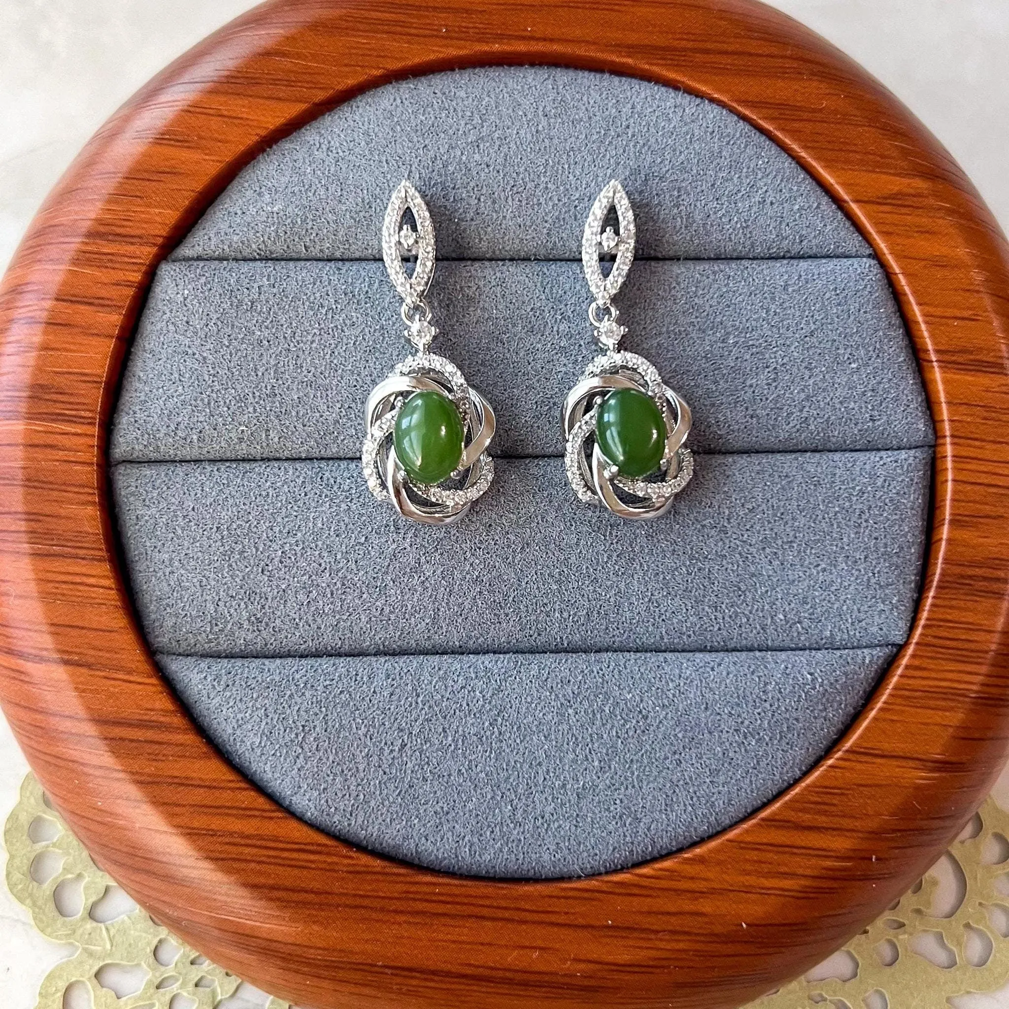 Verdant Whirl Jade Earring Studs, Green Nephrite Jade Sterling Silver Earrings, JSY-0424-12131