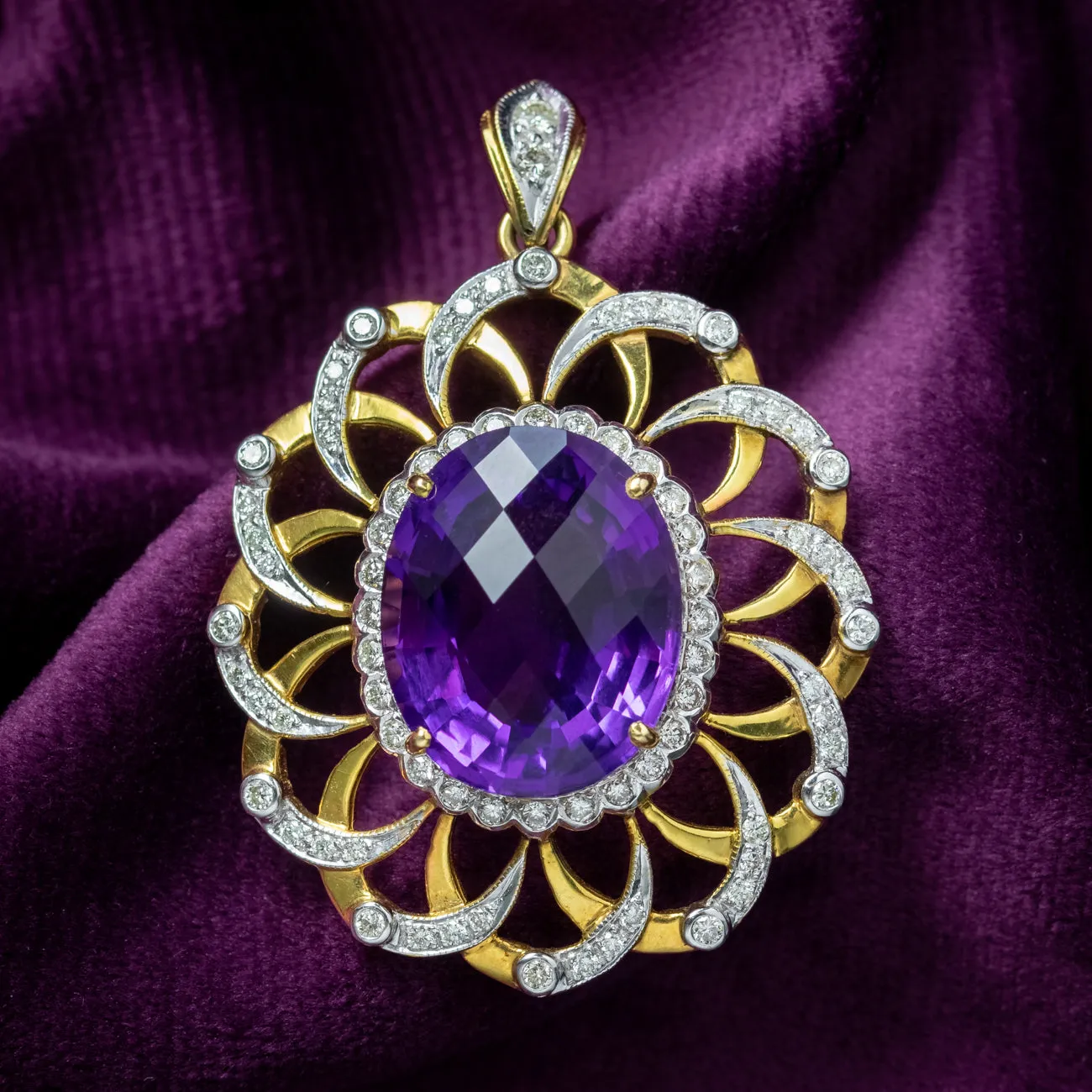 Vintage Amethyst Diamond Pendant 18ct Gold 12ct Amethyst