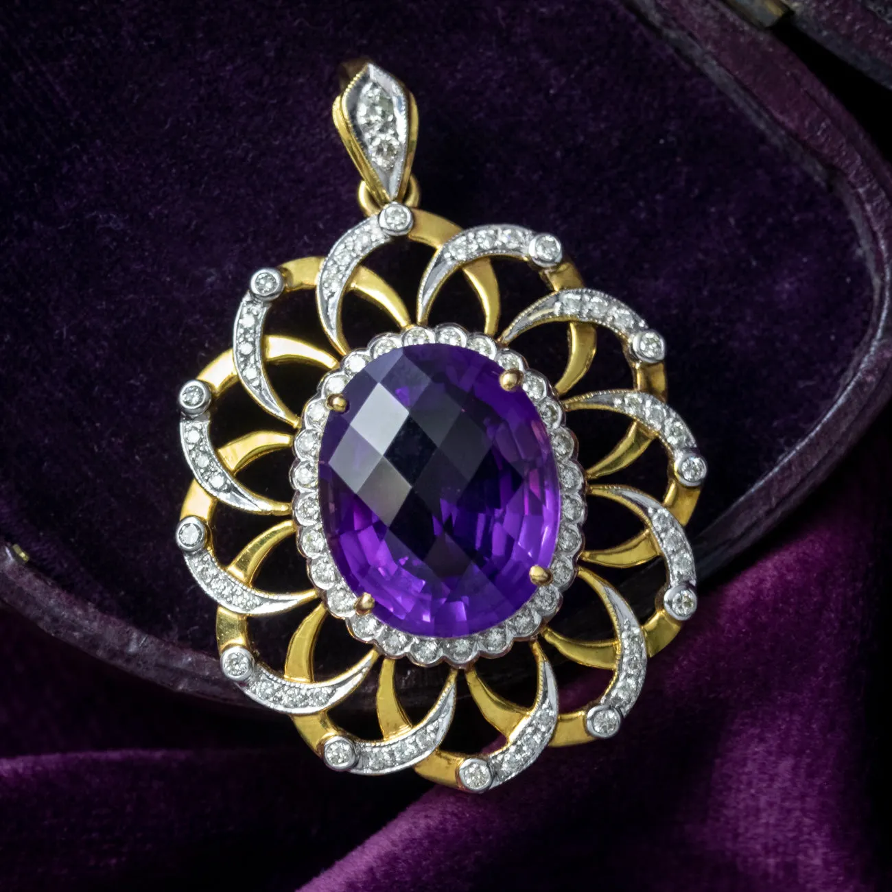 Vintage Amethyst Diamond Pendant 18ct Gold 12ct Amethyst