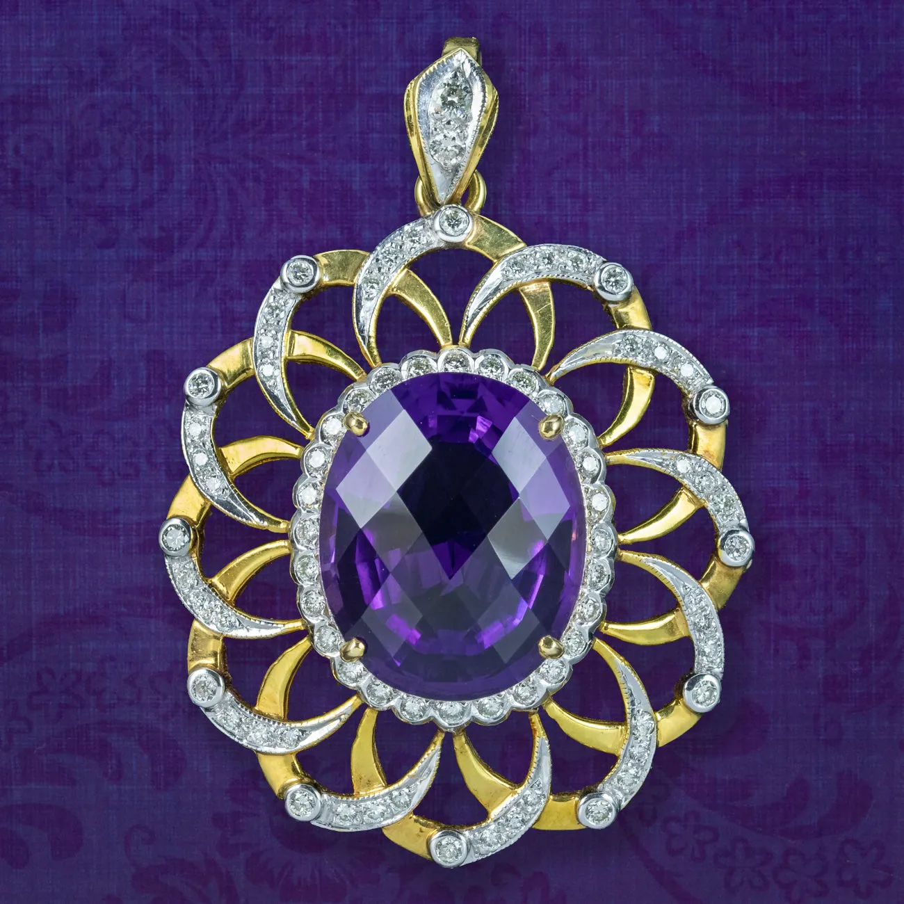 Vintage Amethyst Diamond Pendant 18ct Gold 12ct Amethyst