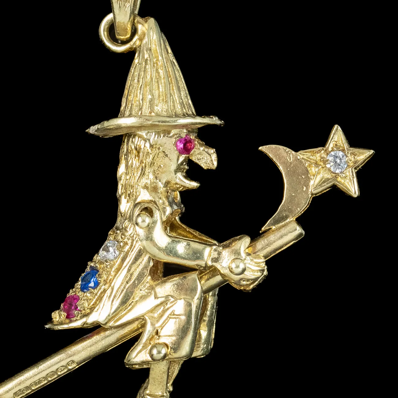 Witch On Broomstick Pendant 9ct Gold Diamond Ruby Sapphire Dated 1999