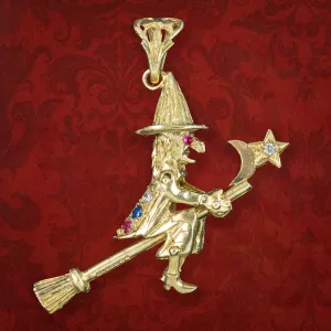 Witch On Broomstick Pendant 9ct Gold Diamond Ruby Sapphire Dated 1999