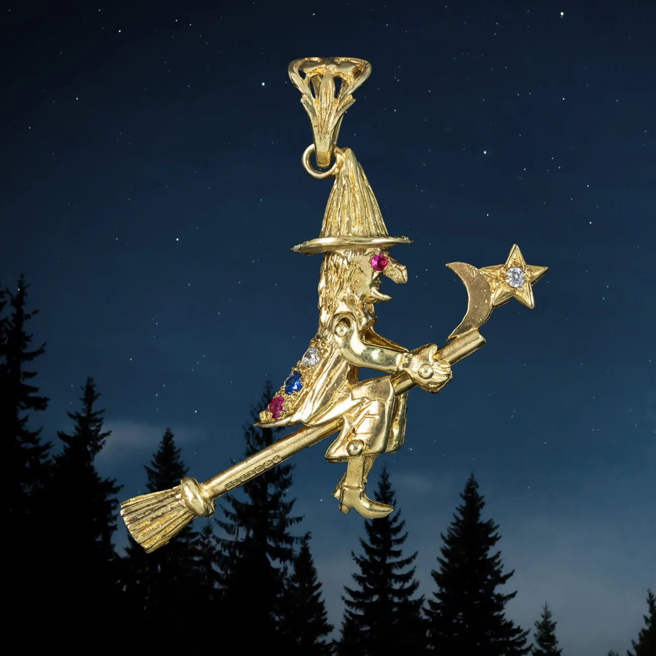 Witch On Broomstick Pendant 9ct Gold Diamond Ruby Sapphire Dated 1999