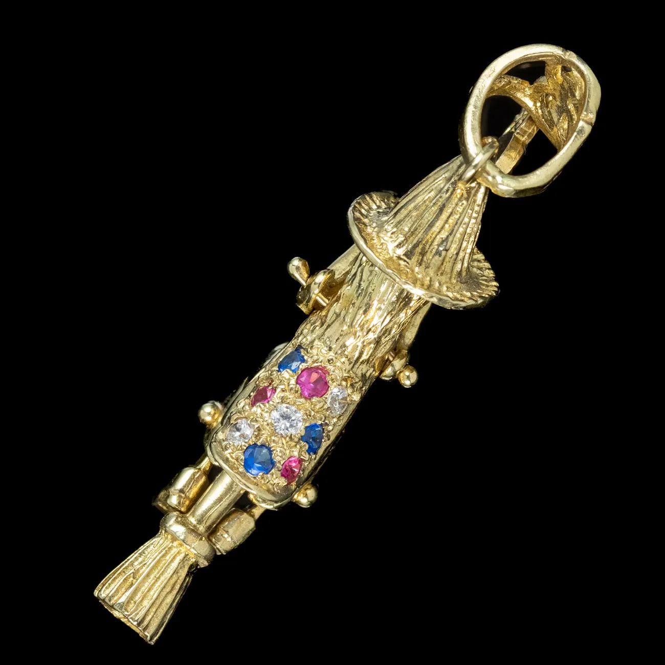 Witch On Broomstick Pendant 9ct Gold Diamond Ruby Sapphire Dated 1999