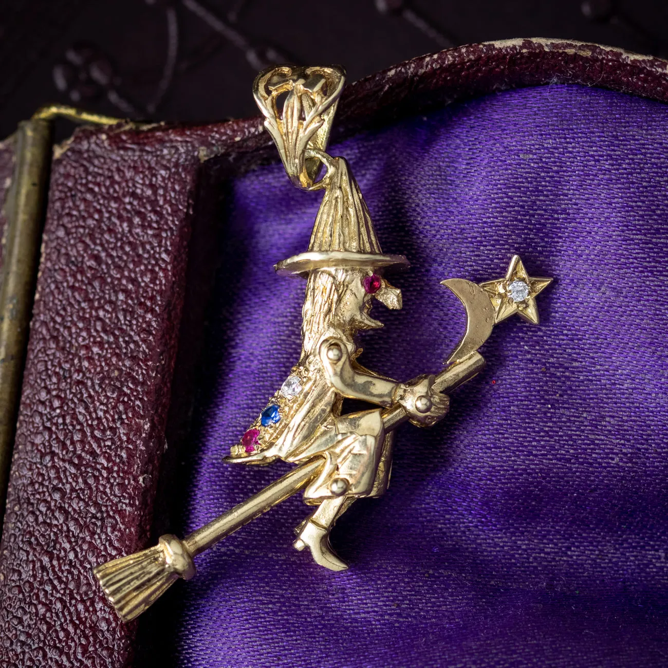 Witch On Broomstick Pendant 9ct Gold Diamond Ruby Sapphire Dated 1999