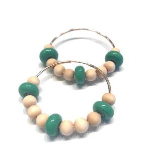 Wood And Green Beaded Hoop Earrings