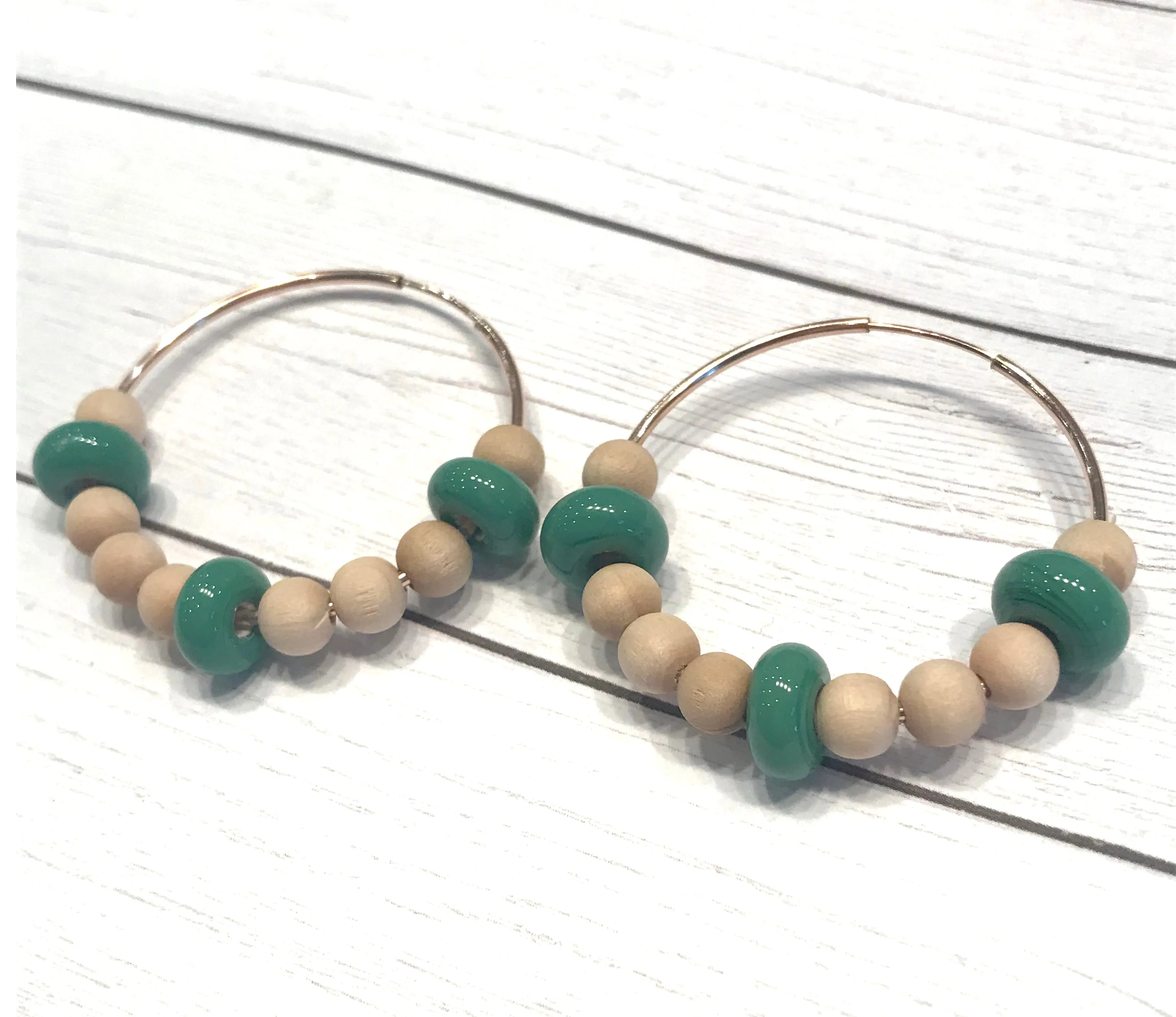Wood And Green Beaded Hoop Earrings