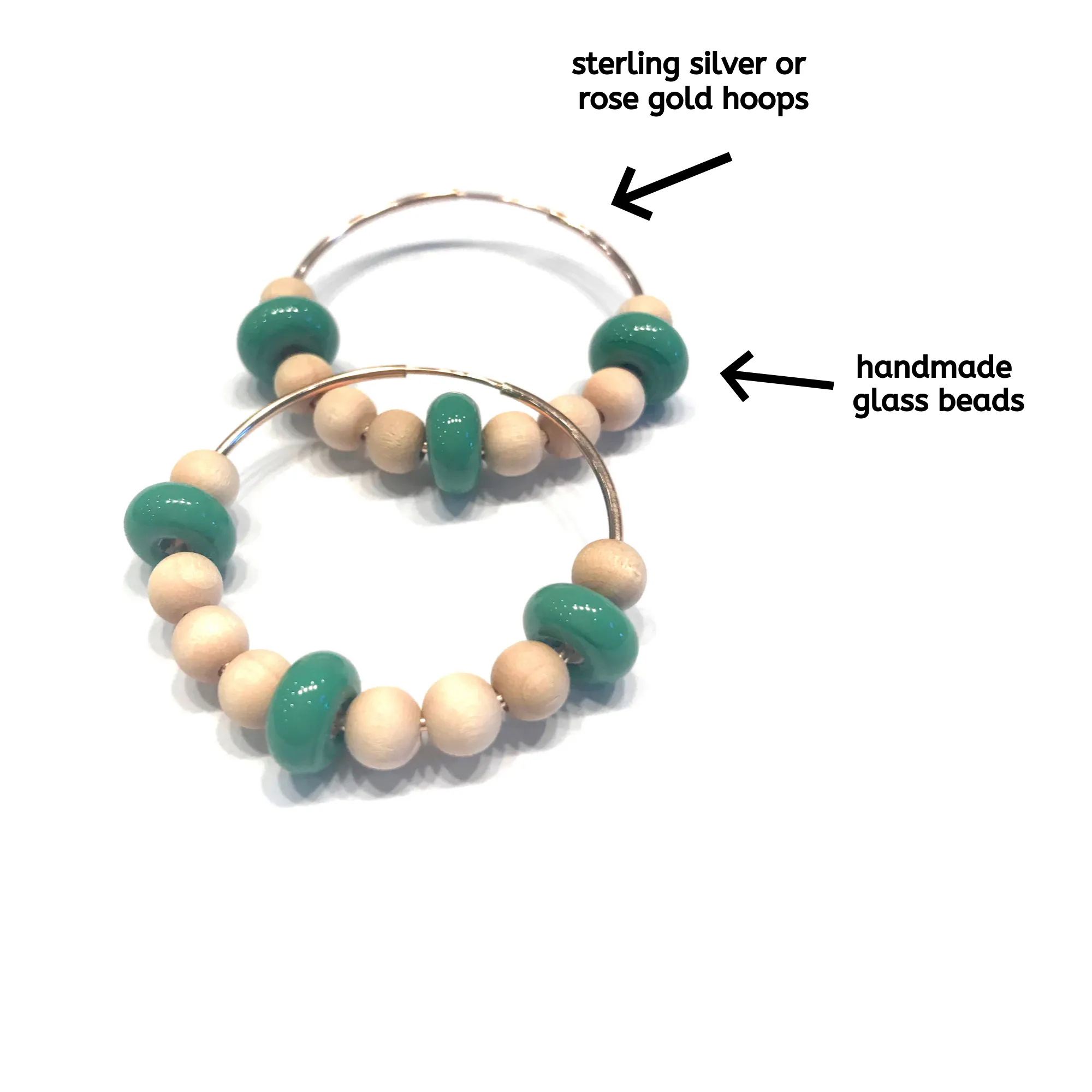 Wood And Green Beaded Hoop Earrings
