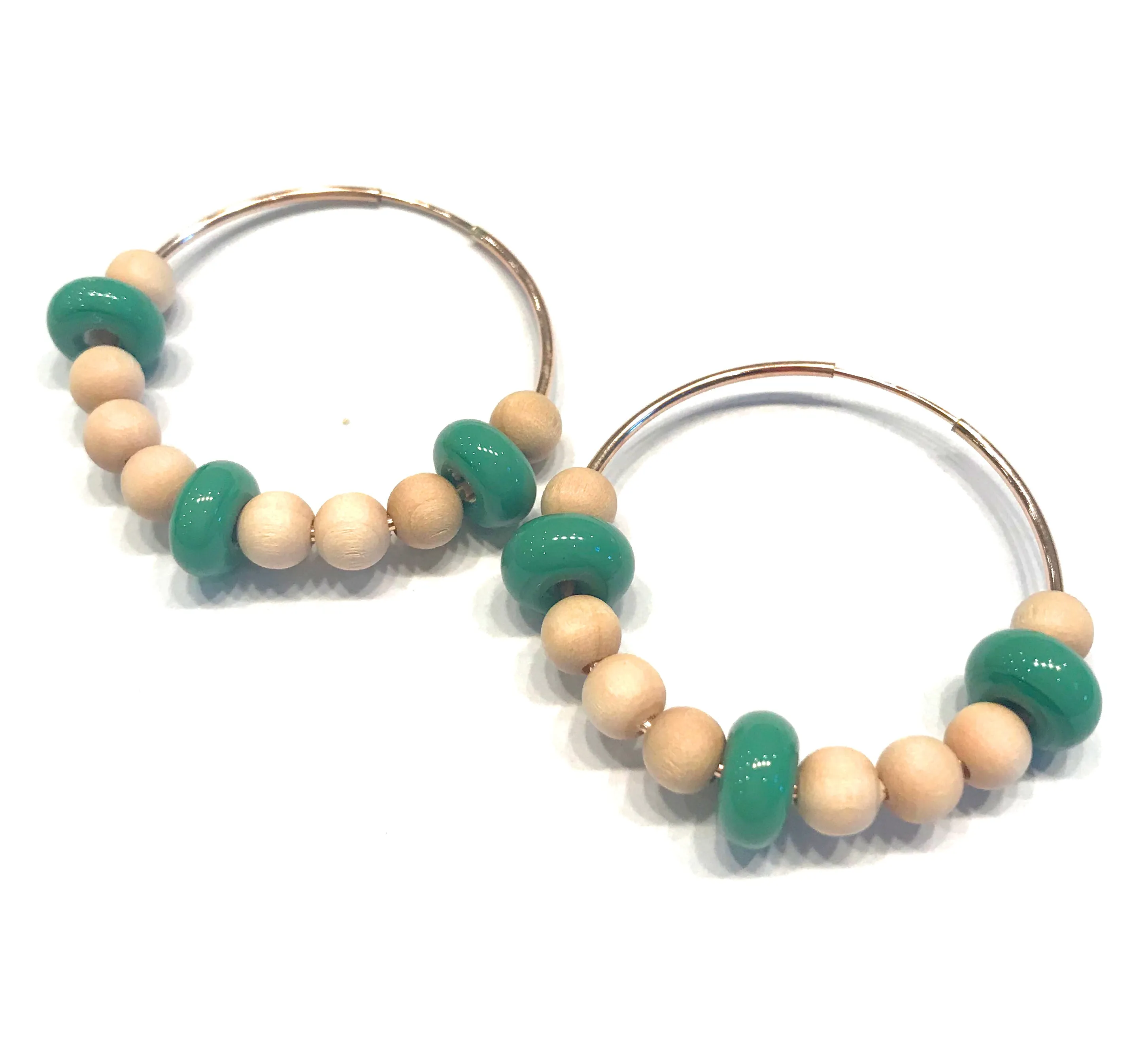 Wood And Green Beaded Hoop Earrings