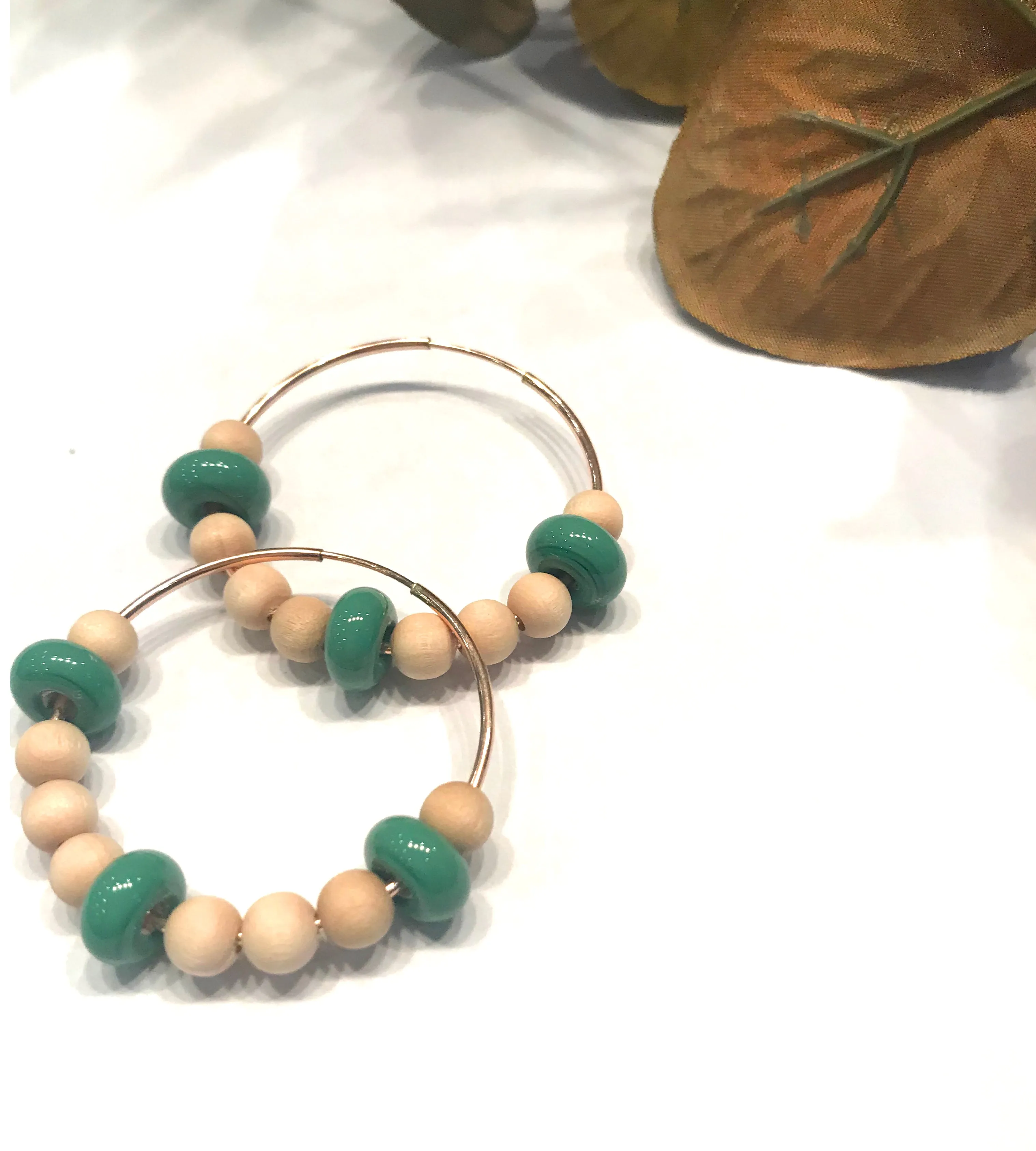 Wood And Green Beaded Hoop Earrings