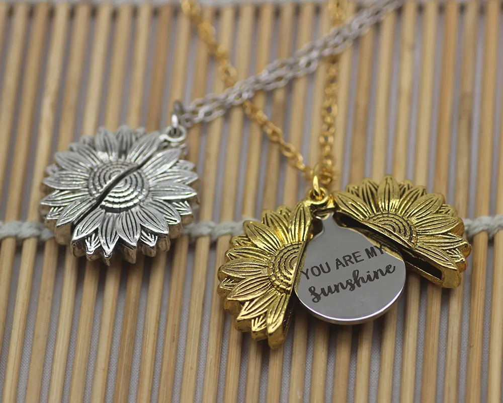 You Are My Sunshine Locket Sunflower Necklace Personalized Engraved Name Gold Silver