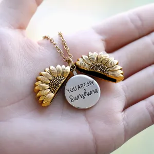 You Are My Sunshine Locket Sunflower Necklace Personalized Engraved Name Gold Silver